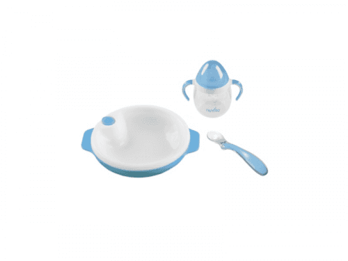 Nuvita Set termotalířku s silikonovou lžičkou a hrnečkem, Pastel blue