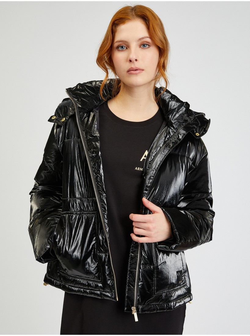 ARMANI EXCHANGE Černá dámská prošívaná lesklá bunda s odepínací kapucí Armani Exc - Dámské