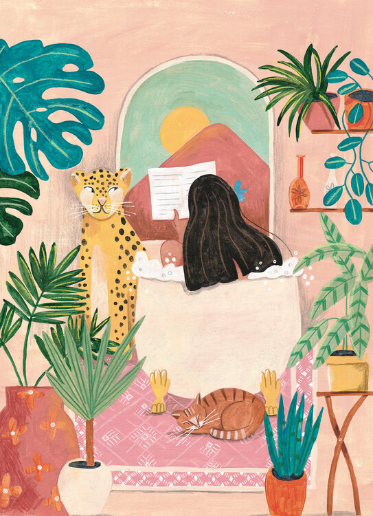 Caroline Bonne Muller Ilustrace Woman taking bath in pink tropical bathroom, Caroline Bonne Muller, 30 × 40 cm