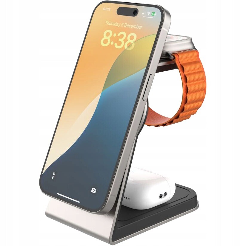 Nabíječka 3v1 pro telefon a sluchátka hodinek pro MagSafe 15W Qi2 Fixed, Usb-c