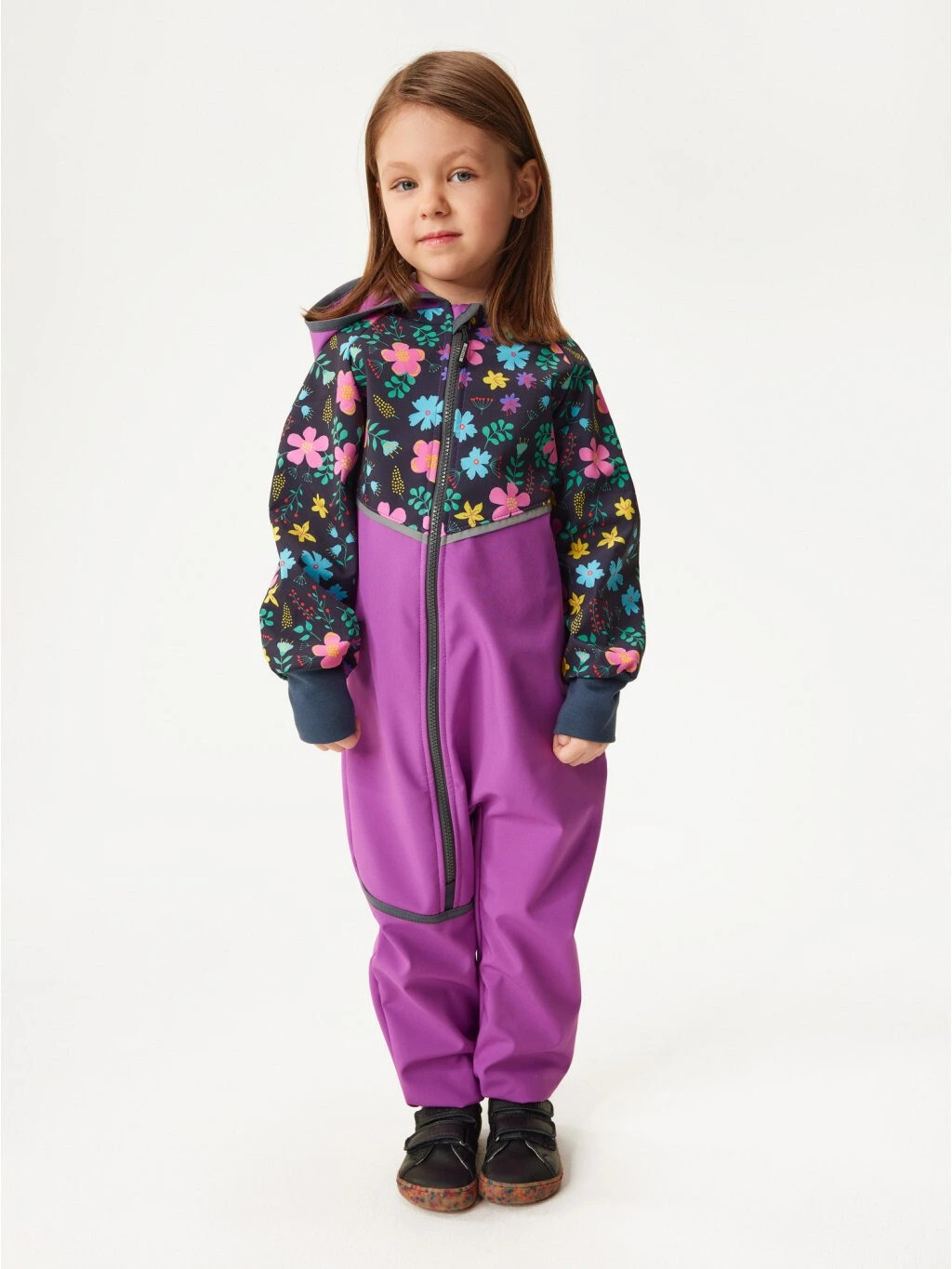 Softshellová kombinéza s fleecem Mini, Ostružinová, Kytičky - vel. 98/104