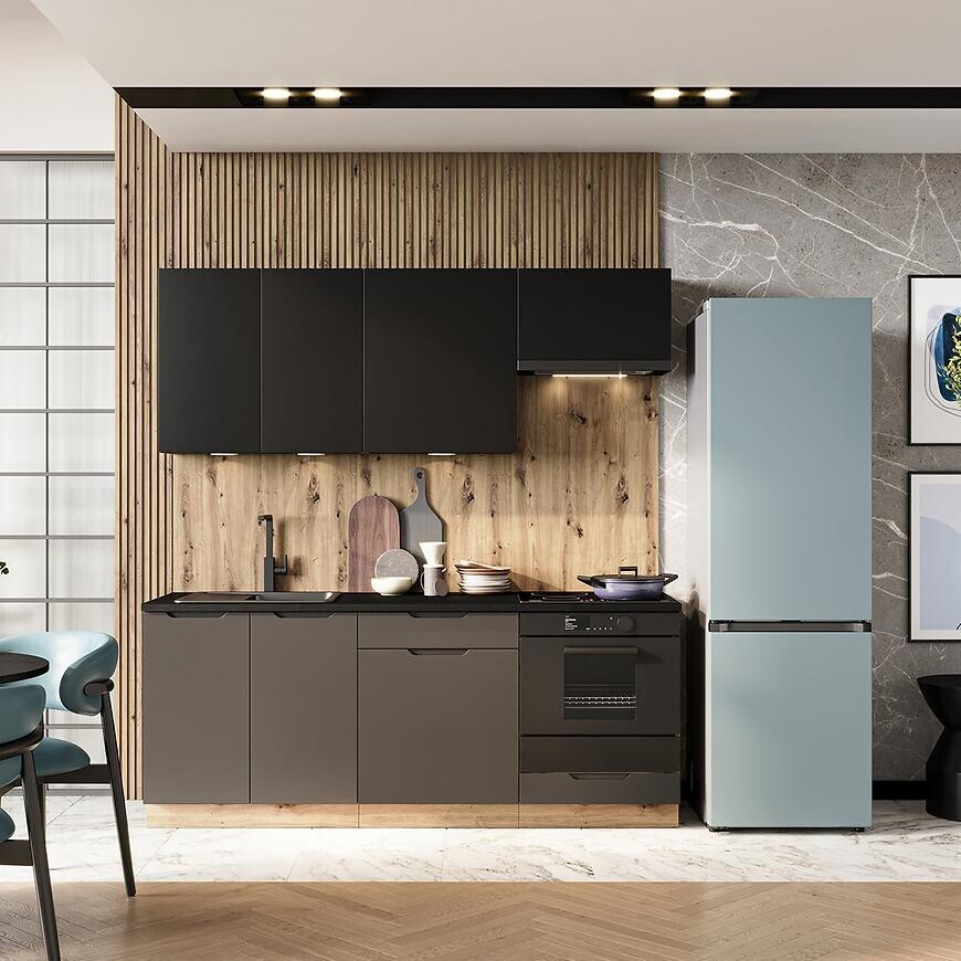 Kuchyňská linka Isabel 200 cm černý hrášek/dub artisan/mocca grey