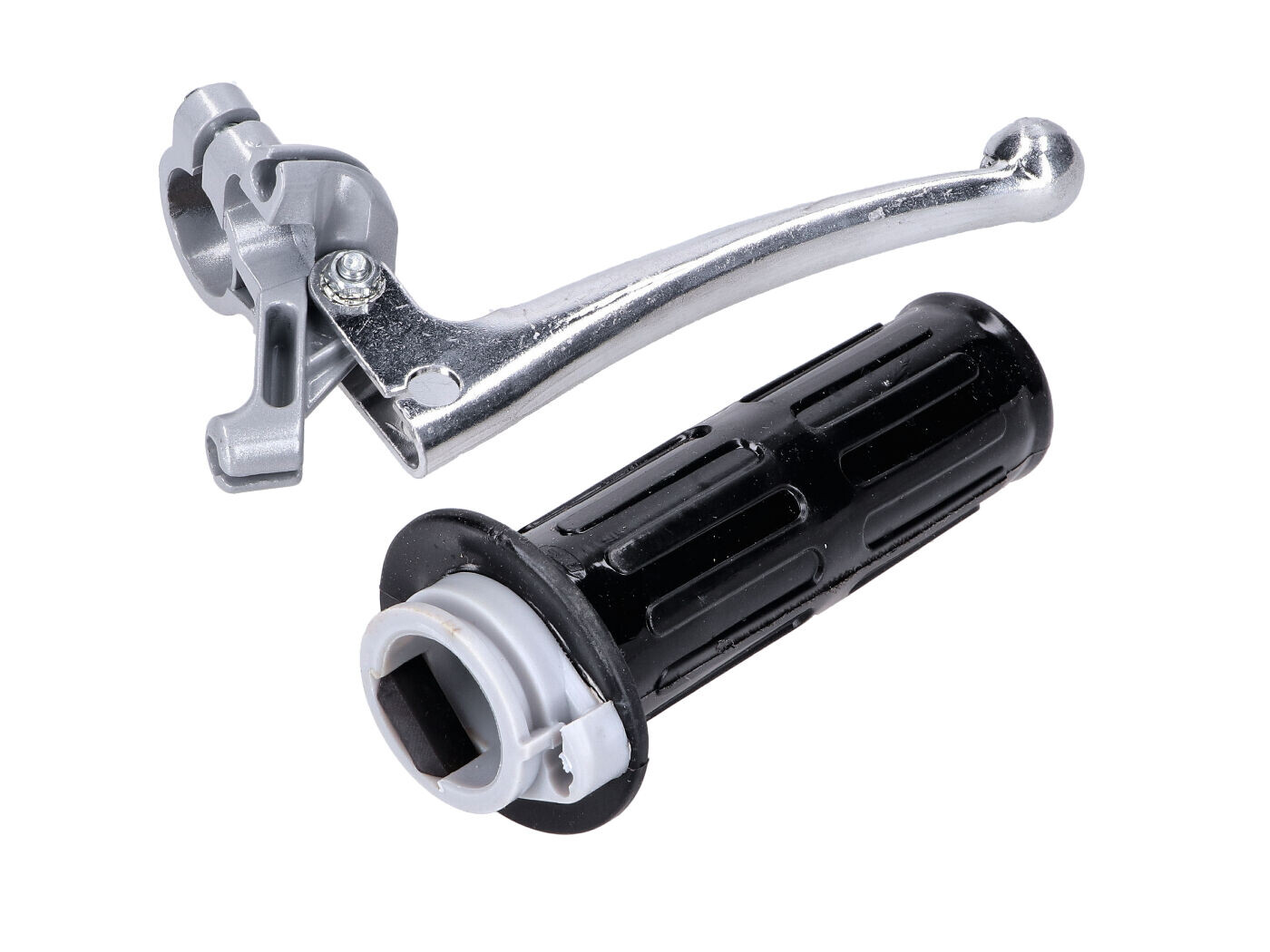 NTS Parts Plynový grip hliníkový šedý s leštěnou brzdovou pákou a černou rukojetí pro Hercules, Zündapp, Kreidler, Puch, DKW, KTM, Rixe