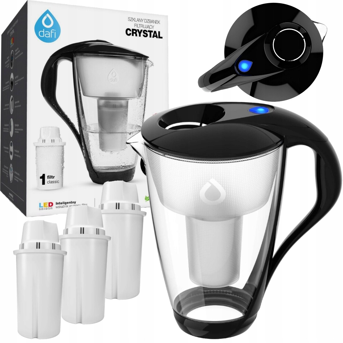 Černá filtrační konvice Dafi Crystal skleněná 3 filtrační vložky Classic