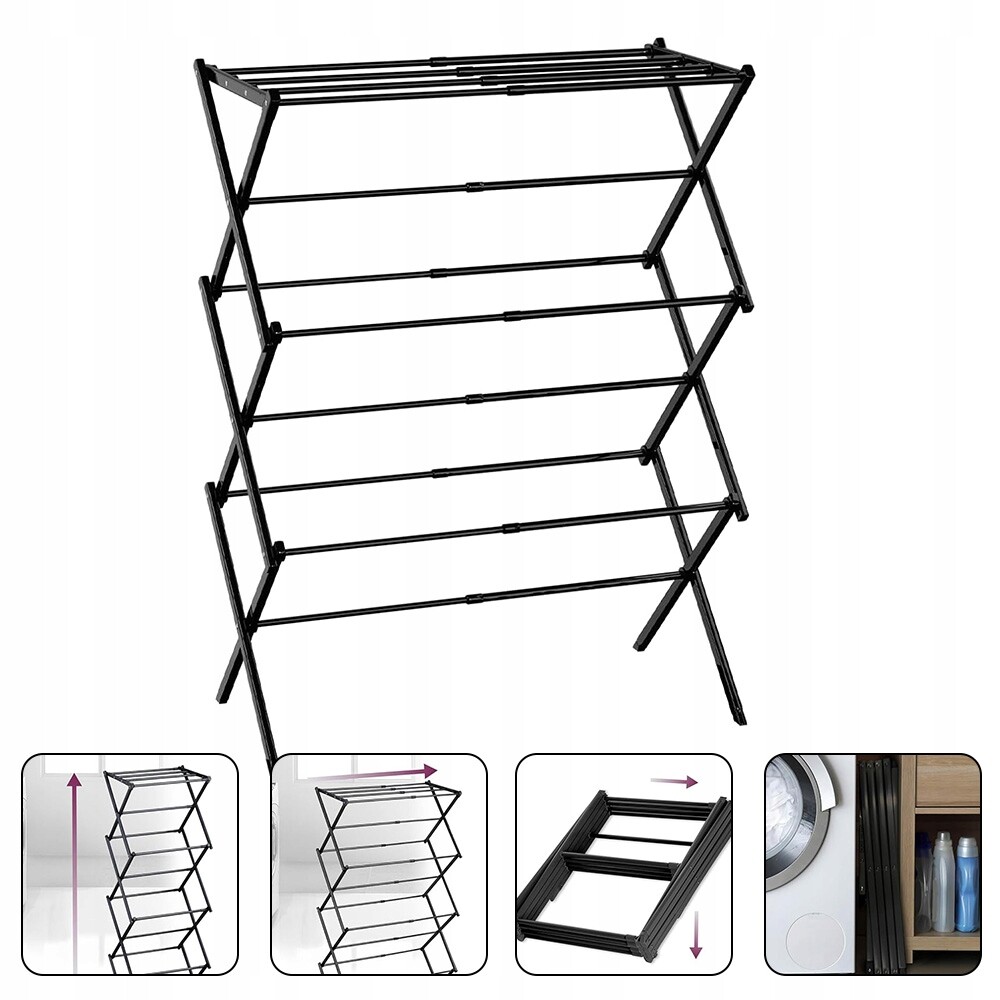 Černá Sušák Na Prádlo, Skládací, 6 Úrovní, 11 Tyčí, Silná