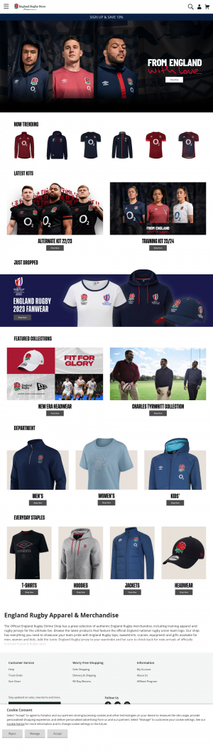 Vzled internetové stránky obchodu England Rugby Store
